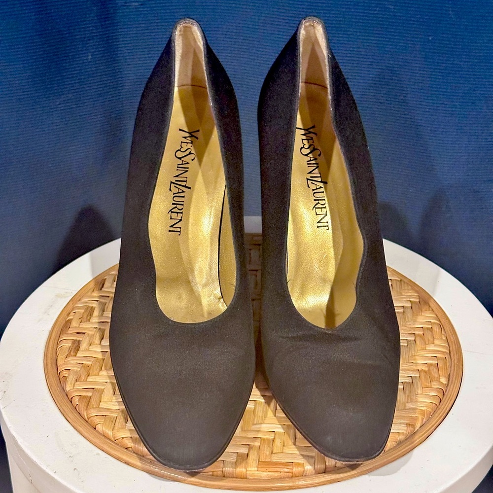 Yes St Laurent YSL Black Leather & Silk Faille Pumps - Sz 8N